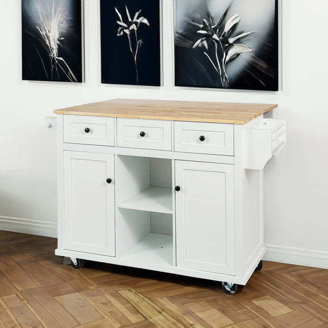 Kitchen trolley with rubber wood leaf countertop, 5-wheel kitchen island, storage cabinet and 3 dining drawers, white - V.I.P Digital Presence