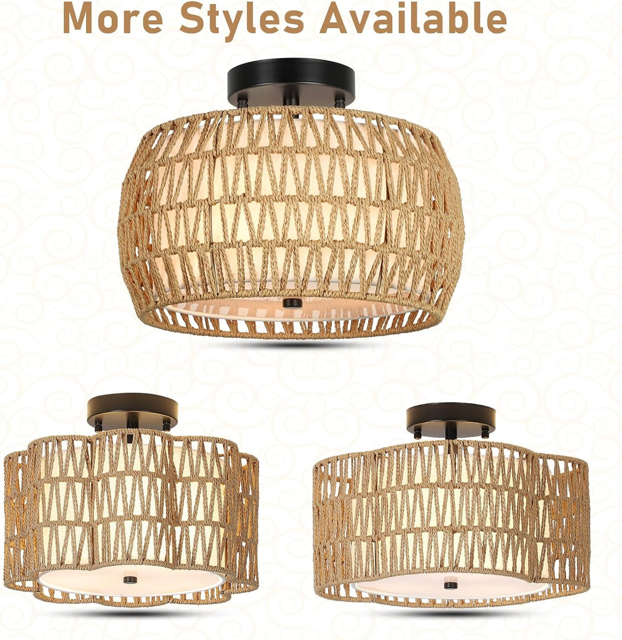 Boho Light Fixtures Ceiling Mount, Rattan Semi Flush Mount Ceiling Light, Farmhouse Light Fixtures with Fabric Shades - V.I.P Digital Presence
