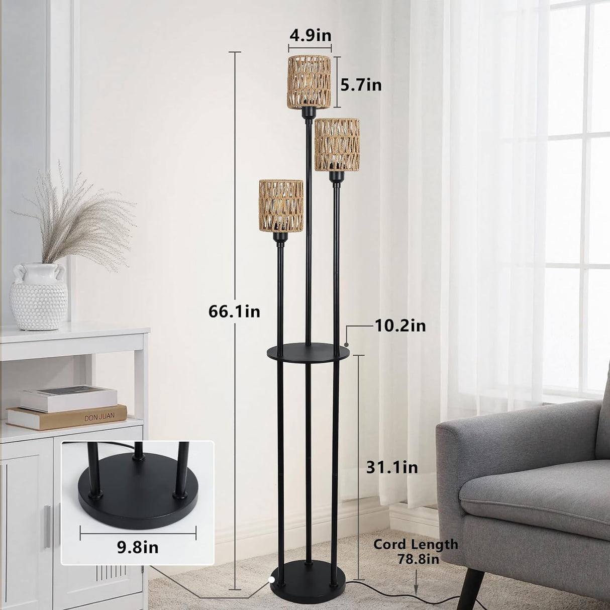 Boho Floor Lamp with Shelves 3-Lights Farmhouse Tall Floor Lamp with ON/OFF Foot Switch Rustic Standing Lamp with Rattan Shades - V.I.P Digital Presence