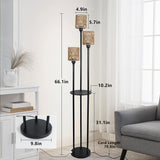 Boho Floor Lamp with Shelves 3-Lights Farmhouse Tall Floor Lamp with ON/OFF Foot Switch Rustic Standing Lamp with Rattan Shades - V.I.P Digital Presence