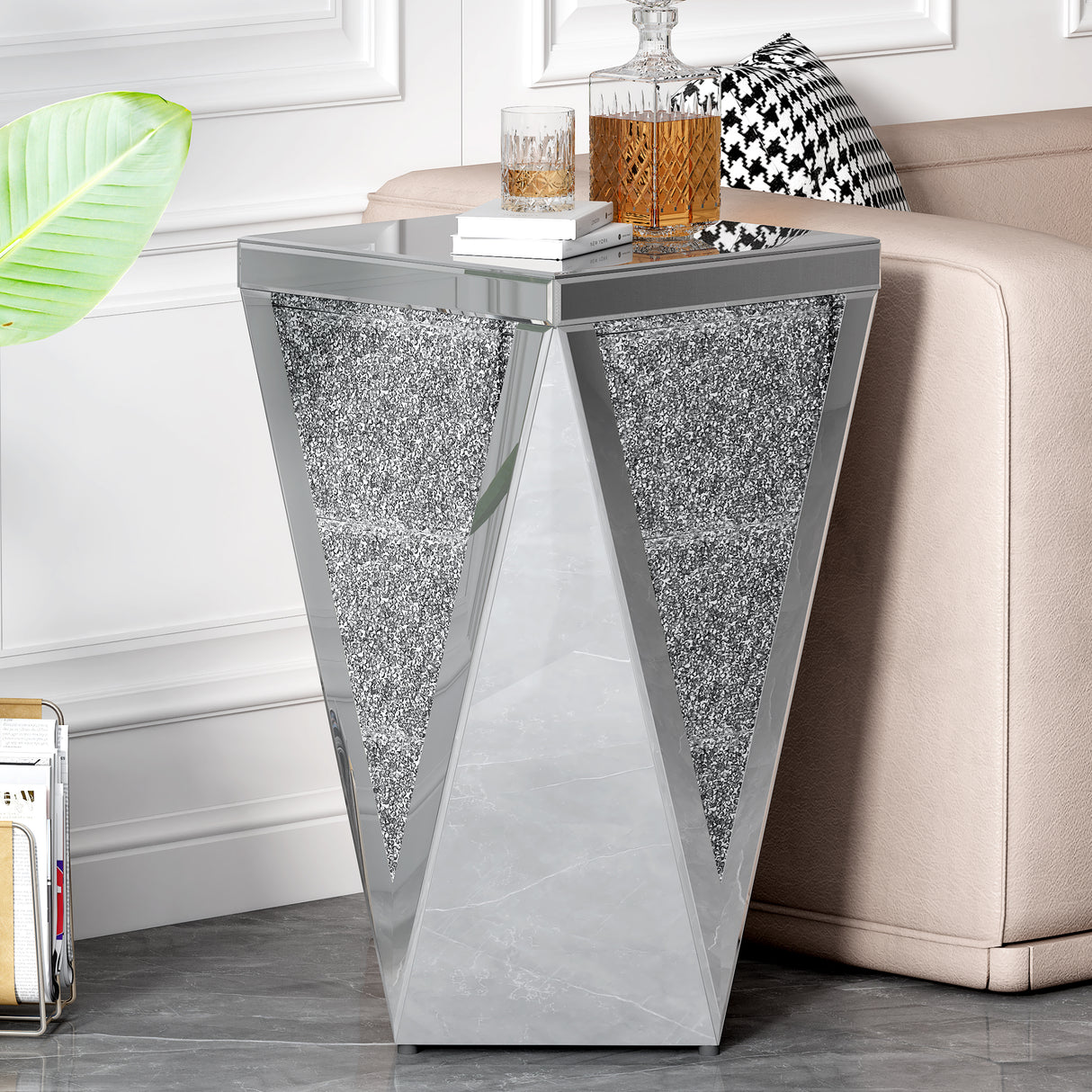 U-Can 13.8'' Silver Square Mirrored End Table, Modern Side Table with Crushed Diamond for Living Room, No Assembly Required - V.I.P Digital Presence