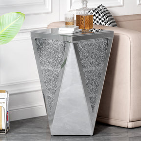 U-Can 13.8'' Silver Square Mirrored End Table, Modern Side Table with Crushed Diamond for Living Room, No Assembly Required - V.I.P Digital Presence
