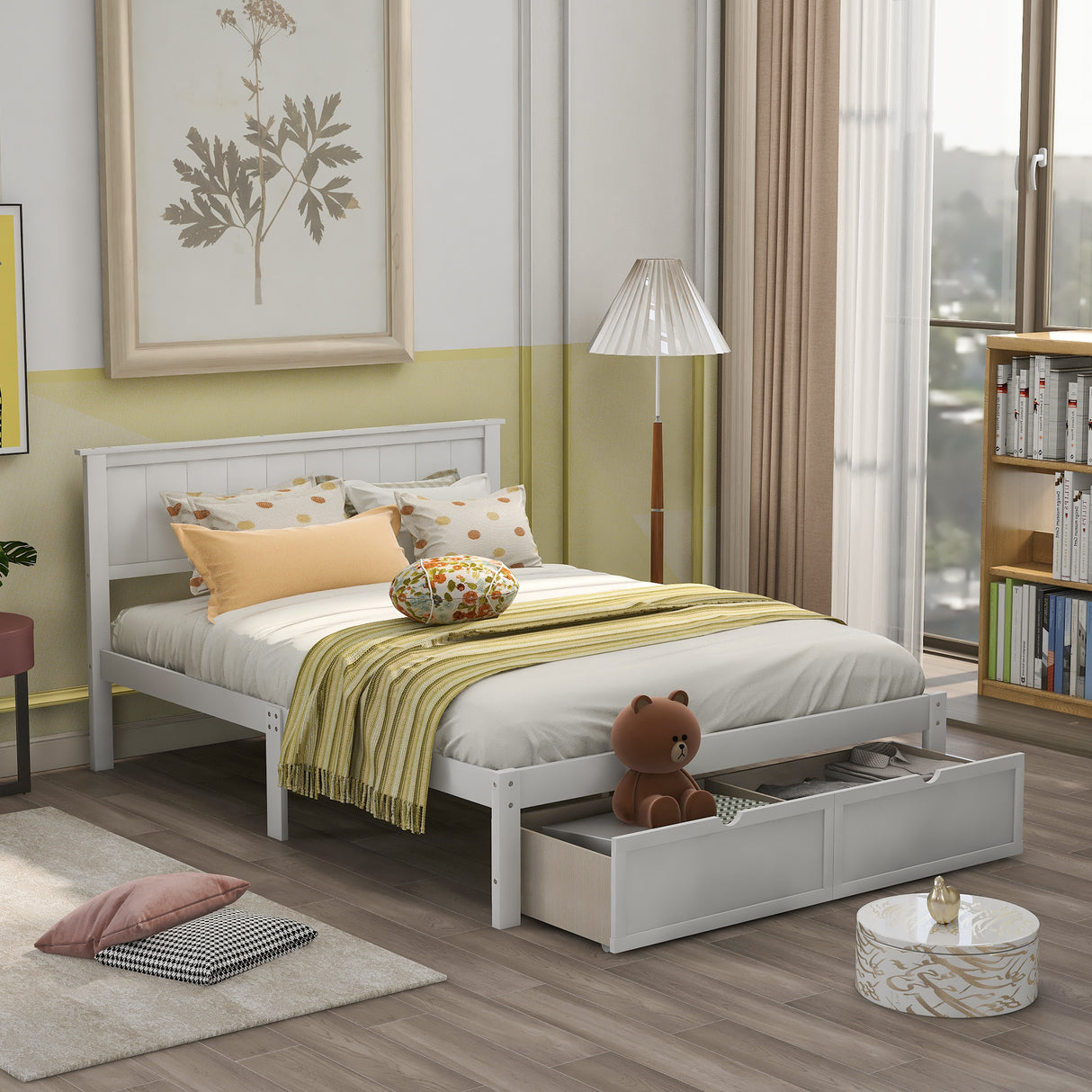 Full Size Platform Bed with Under-bed Drawers White - V.I.P Digital Presence