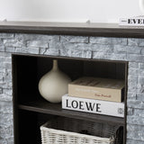 Mantel Stone modern entertainment console, manually stacked stone surrounds open storage space, gray - V.I.P Digital Presence