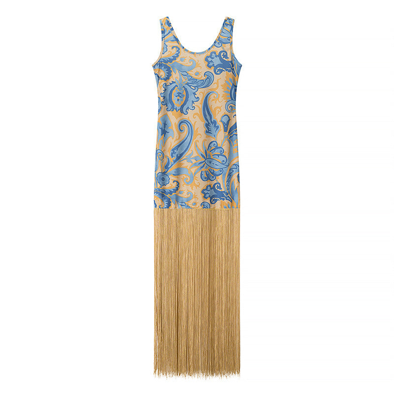 Elegant Sleeveless Printed Tassel Spliced Dress with Style - V.I.P Digital Presence