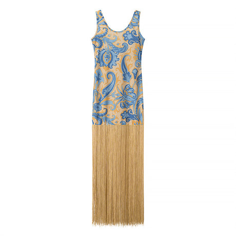 Elegant Sleeveless Printed Tassel Spliced Dress with Style - V.I.P Digital Presence