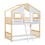 Twin over Twin House Bunk Bed with Roof , Window, Window Box, Door , with Safety Guardrails and Ladder, Natural/White - V.I.P Digital Presence