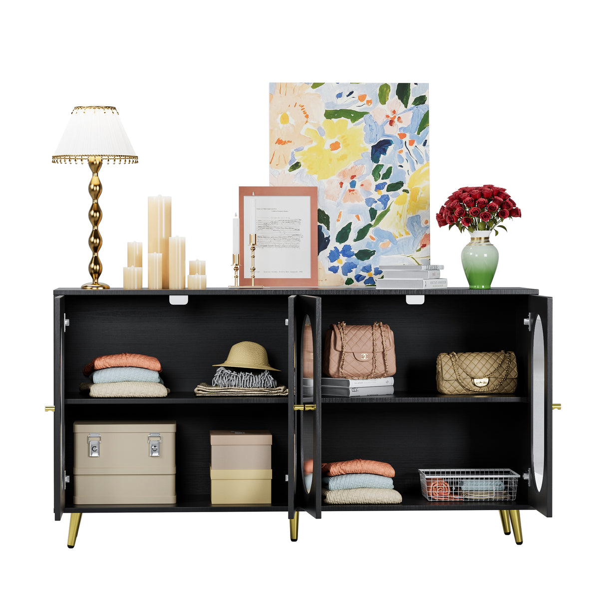Modern Accent Sideboard Cabinet with Acrylic Doors, Freestanding Storage Cupboard Console Table for Kitchen Dining Black - V.I.P Digital Presence