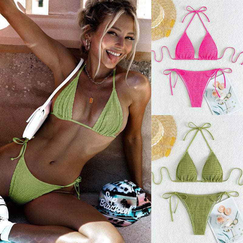 Printed lace up neck hanging sexy bikini triangle hot spring split swimsuit for women - V.I.P Digital Presence