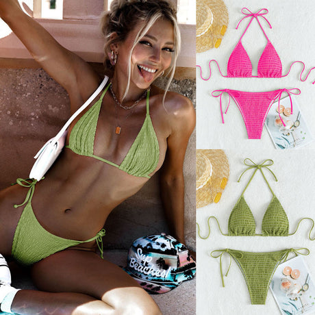 Printed lace up neck hanging sexy bikini triangle hot spring split swimsuit for women - V.I.P Digital Presence