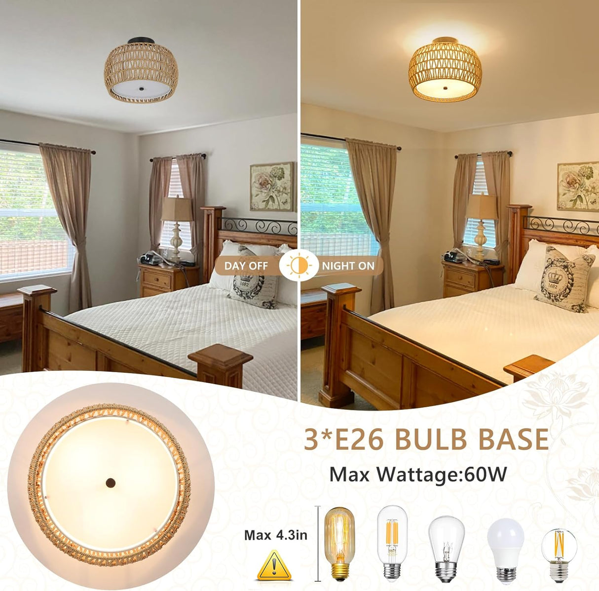 Boho Light Fixtures Ceiling Mount, Rattan Semi Flush Mount Ceiling Light, Farmhouse Light Fixtures with Fabric Shades - V.I.P Digital Presence