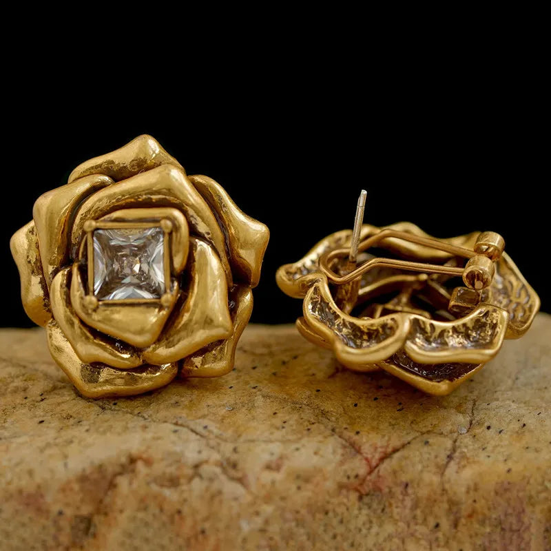 Brass Gold Color Metal Rose Flower Stud Earrings Geometry Zircon Shiny for Women Girls Jewelry Gifts Europe and America - V.I.P Digital Presence