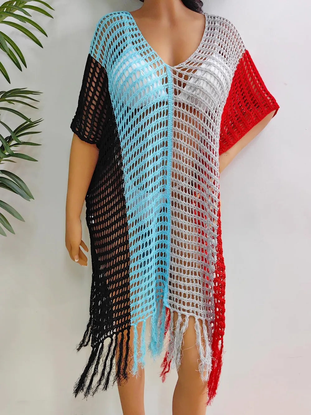 Fringe Color Block Scoop Neck Cover Up - V.I.P Digital Presence