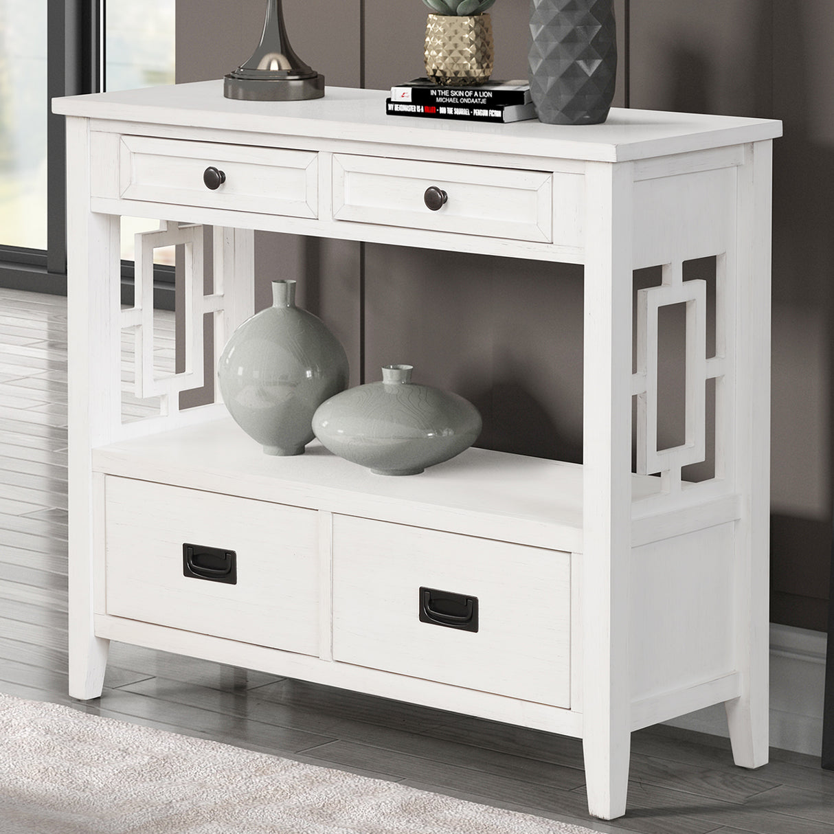36'' Farmhouse Pine Wood Console Table Entry Sofa Table with 4 Drawers & 1 Storage Shelf (Antique White) - V.I.P Digital Presence