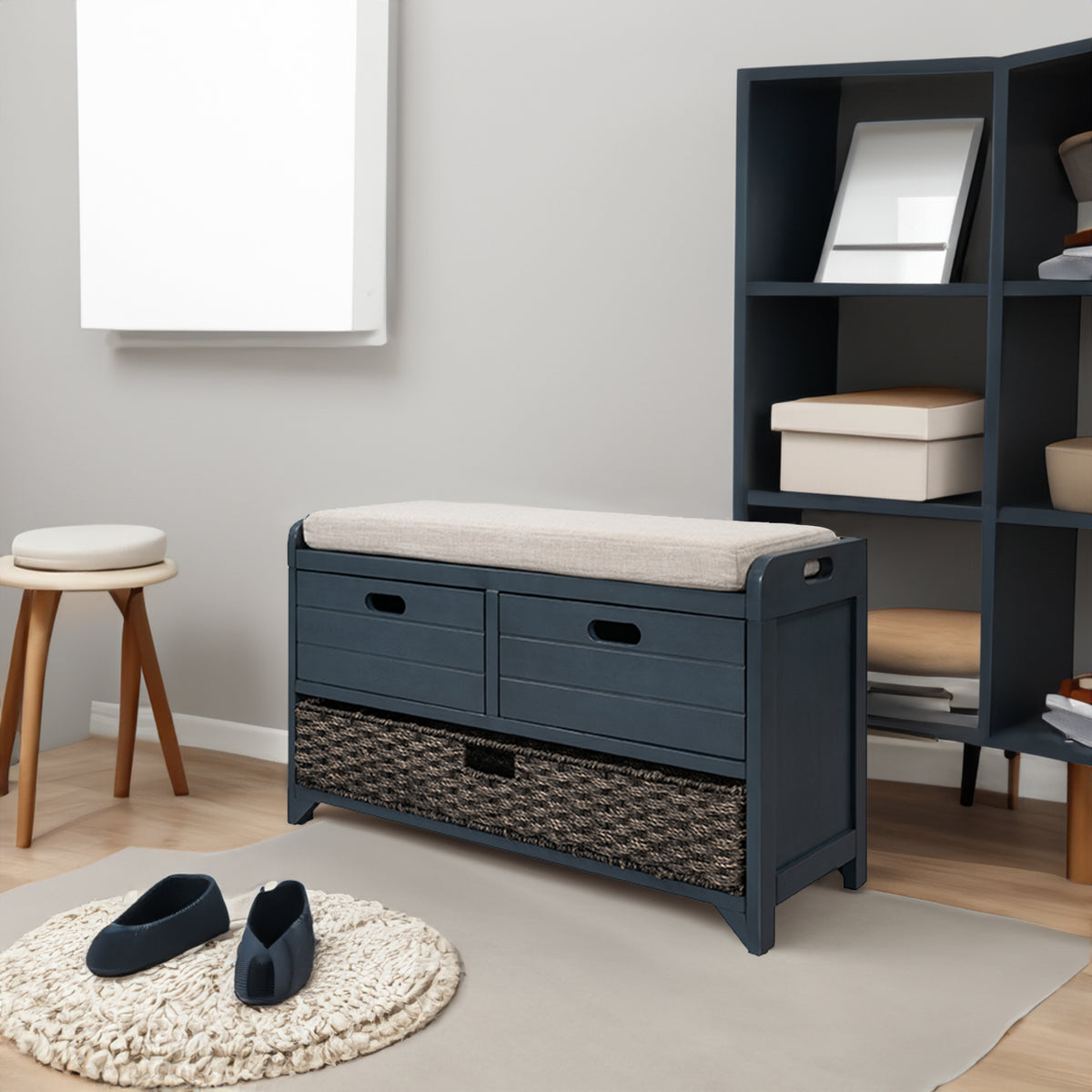 TREXM Storage Bench with Removable Basket and 2 Drawers, Fully Assembled Shoe Bench with Removable Cushion (Navy) - V.I.P Digital Presence