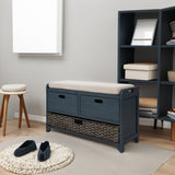TREXM Storage Bench with Removable Basket and 2 Drawers, Fully Assembled Shoe Bench with Removable Cushion (Navy) - V.I.P Digital Presence