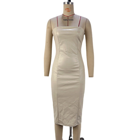 Women's Solid Color PU Leather Sexy Strapless Waist-Cinching Bodycon Dress - V.I.P Digital Presence