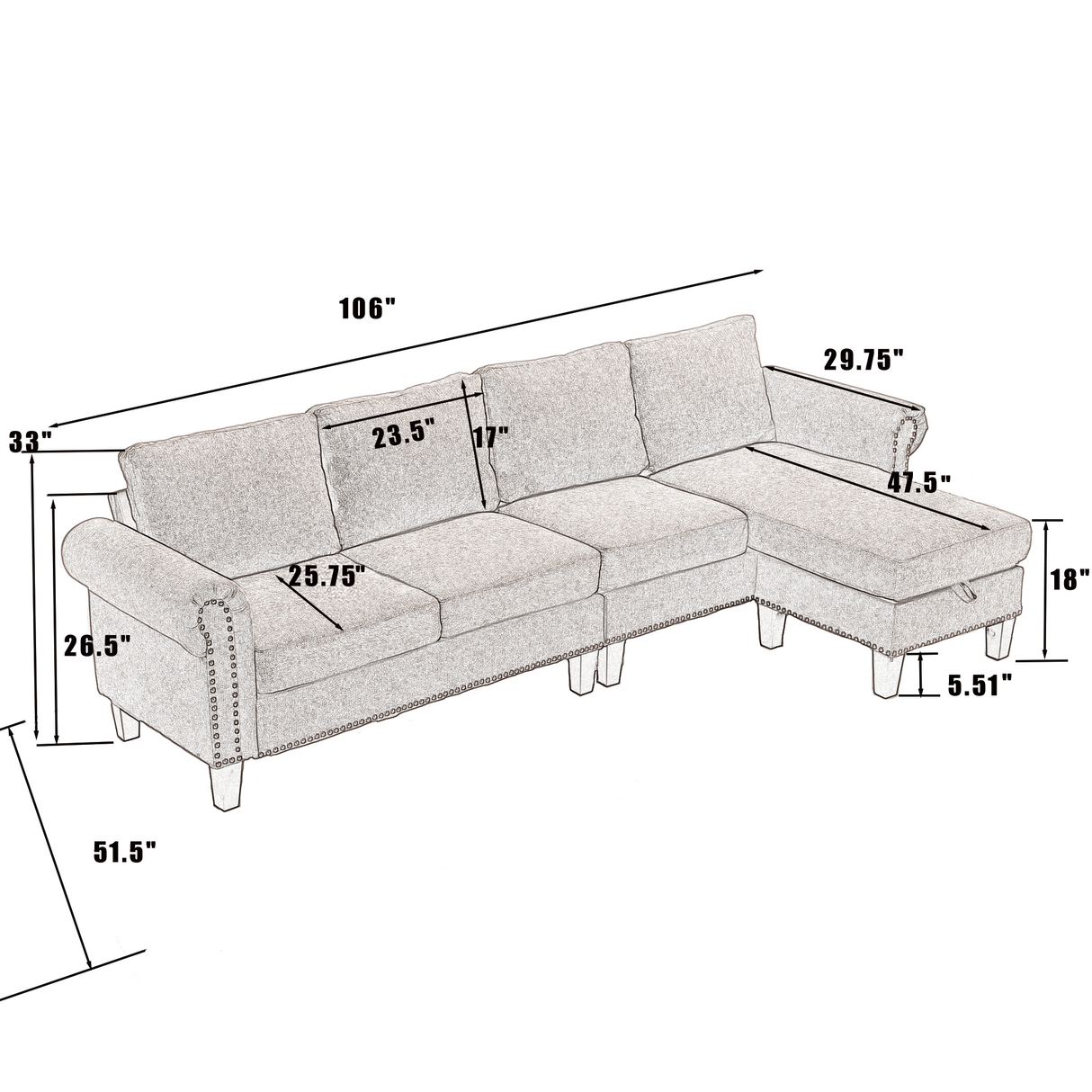 Convertible Sectional Sofa with Storage,L-shaped sofa,Four-seater sofa,Modern Linen Fabric Sectional Couches Beige - V.I.P Digital Presence