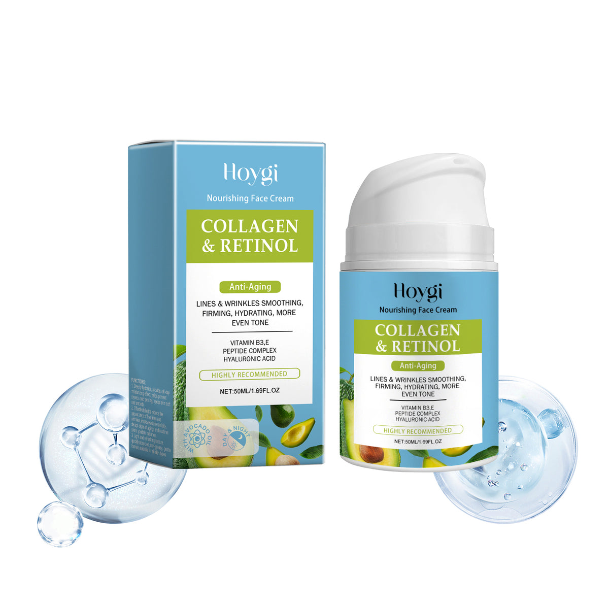 El humectante facial de colágeno hidrata y humecta la piel del rostro con una crema humectante suave que reduce las líneas finas.