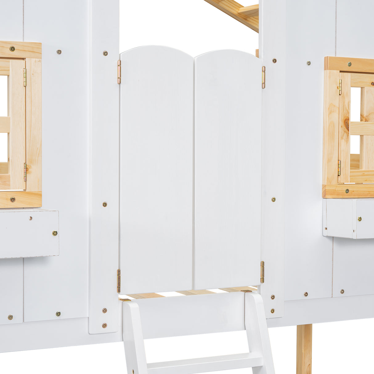 Twin over Twin House Bunk Bed with Roof , Window, Window Box, Door , with Safety Guardrails and Ladder, Natural/White - V.I.P Digital Presence