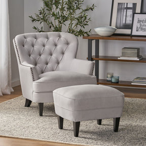 Modern light grey fabric club chair and Ottoman set, stylish cushioned armchair, paired with Ottoman style - V.I.P Digital Presence