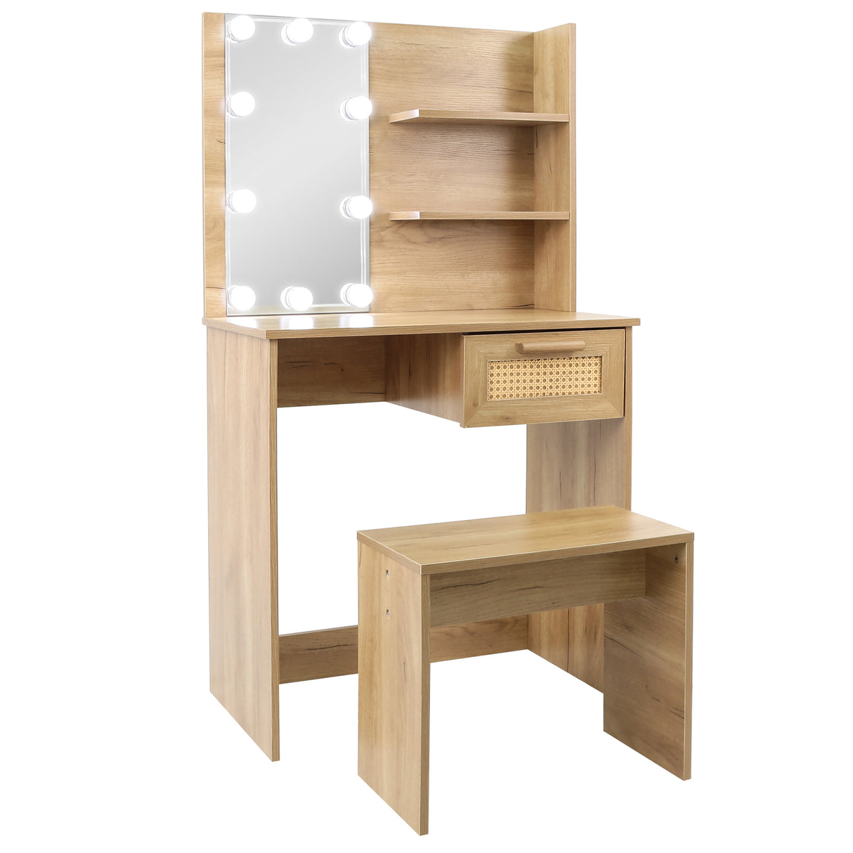 Vanity Desk Set Stool & Dressing Table with LED Lighting Mirror Drawer and Wood Cosmetic Table Chest of Drawers Nature Color - V.I.P Digital Presence