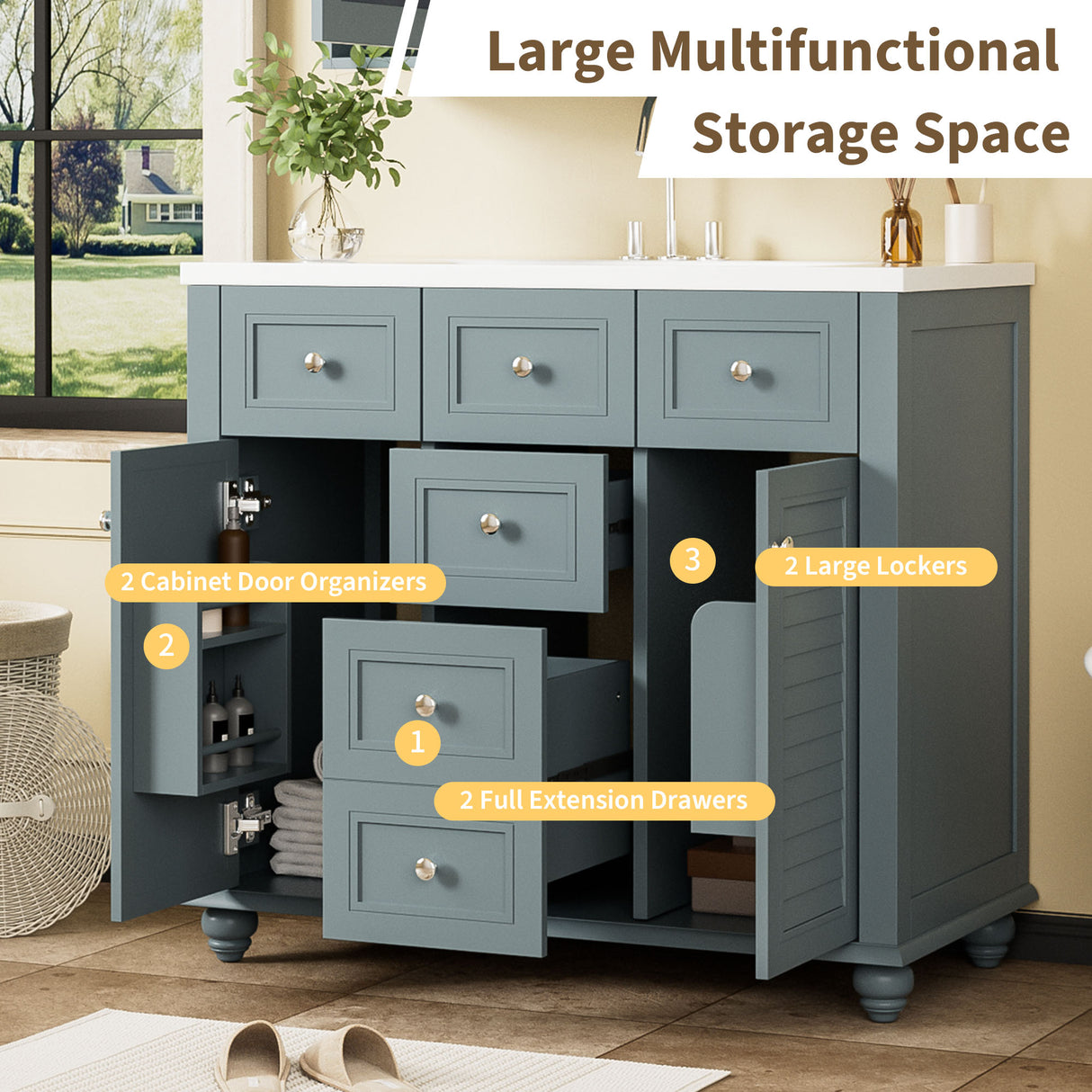 36 "bathroom makeup cabinet with resin sink combination and 2 drawers, with soft closing door, blue color - V.I.P Digital Presence