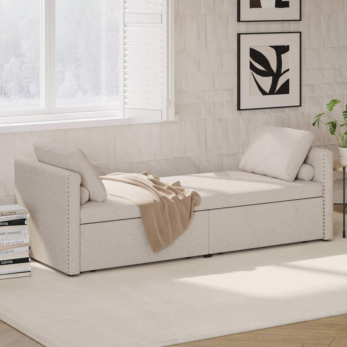 Modern cushioned lounge chair sofa bed with 2 drawers, small single sofa bed without mattress, linen, beige - V.I.P Digital Presence