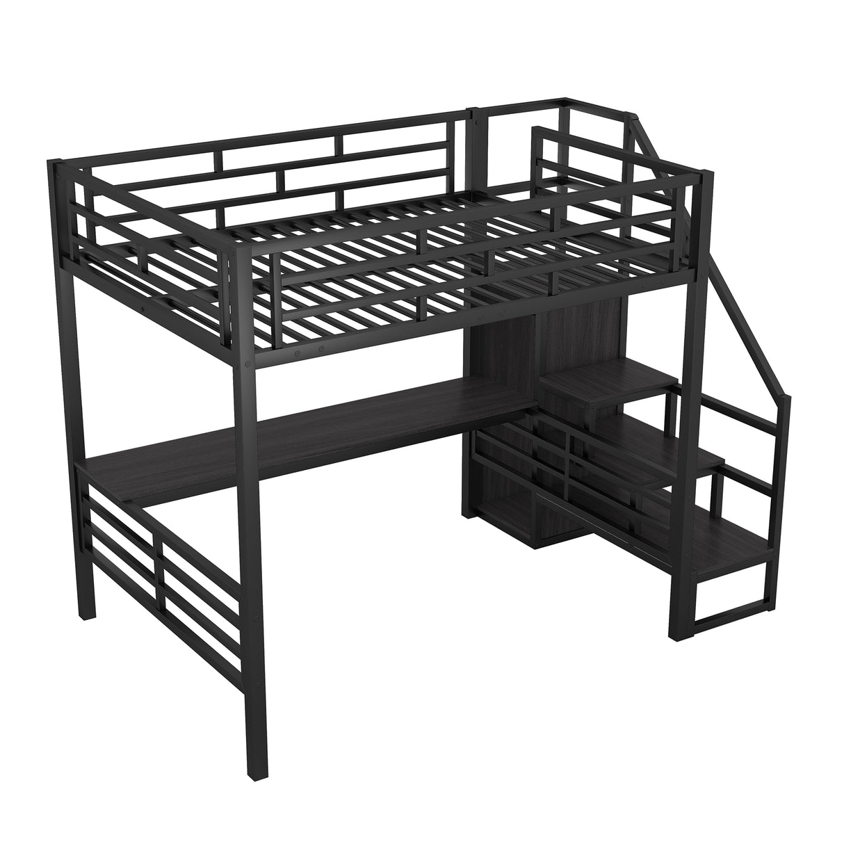 Full Size Metal Loft Bed with Desk, Storage Staircase and Small Wardrobe, Storage stairs can be installed left and right,Black - V.I.P Digital Presence