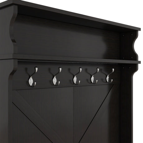 Hall tree with roof rack and storage platform, corridor shoe cabinet with sliding door, clothes hanger with 5 hooks black - V.I.P Digital Presence