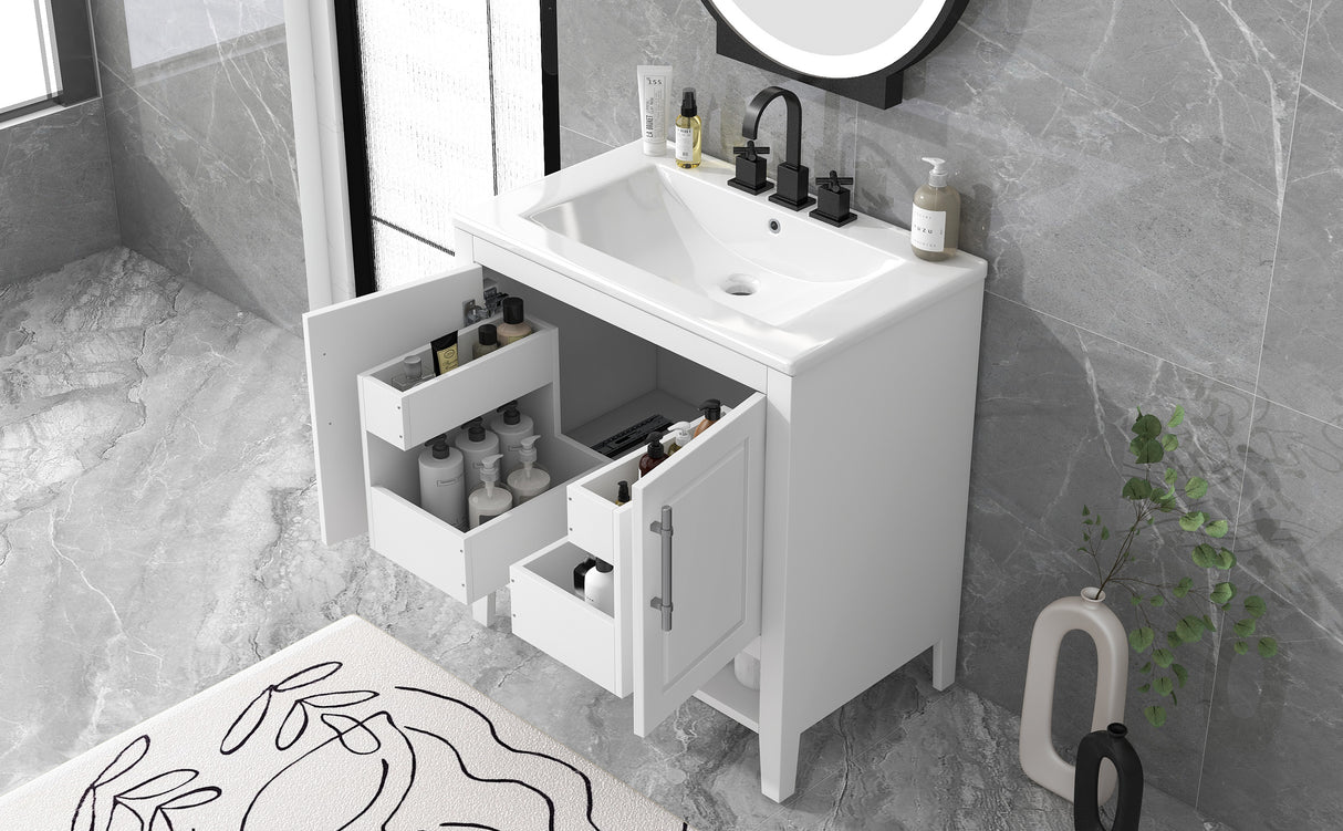 30" Bathroom Vanity with Sink  Multi-functional Bathroom Cabinet with Doors and Drawers Solid Frame and MDF Board, White - V.I.P Digital Presence