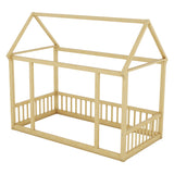 Twin Size Floor Wooden Bed with House Roof Frame and Safety Guardrails,Natural - V.I.P Digital Presence