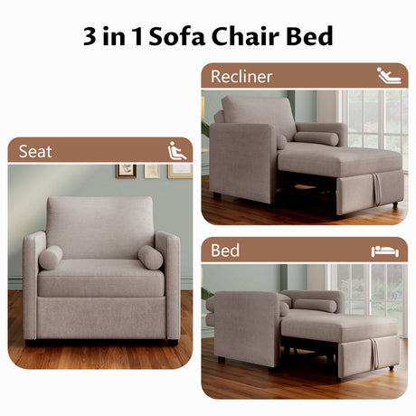 3 in 1 Convertible Sleeper Chair with Adjustable Backrest, Lounger Chair Turns Into Bed, Single Bed for Living Room, Linen, Tan - V.I.P Digital Presence