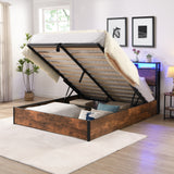 Elevating storage bed frame, full-size bed frame with bookshelf headboard and LED lights, with country brown color - V.I.P Digital Presence