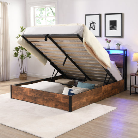 Elevating storage bed frame, full-size bed frame with bookshelf headboard and LED lights, with country brown color - V.I.P Digital Presence