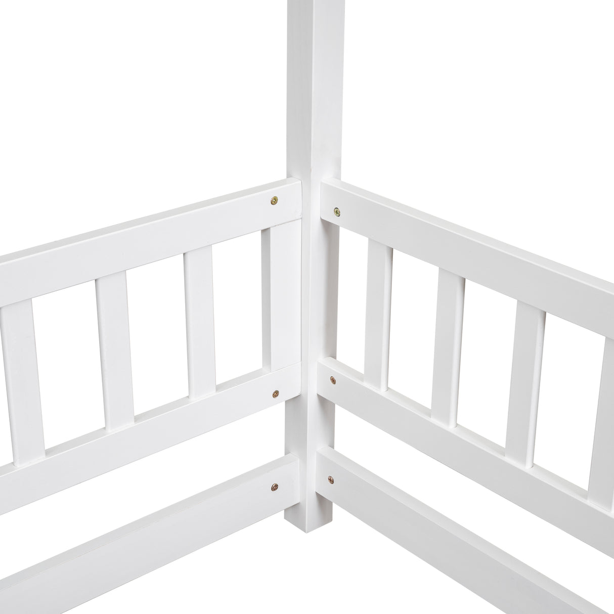 Full Size Floor Wooden Bed with House Roof Frame, Fence Guardrails ,White - V.I.P Digital Presence