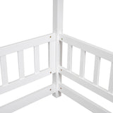 Full Size Floor Wooden Bed with House Roof Frame, Fence Guardrails ,White - V.I.P Digital Presence
