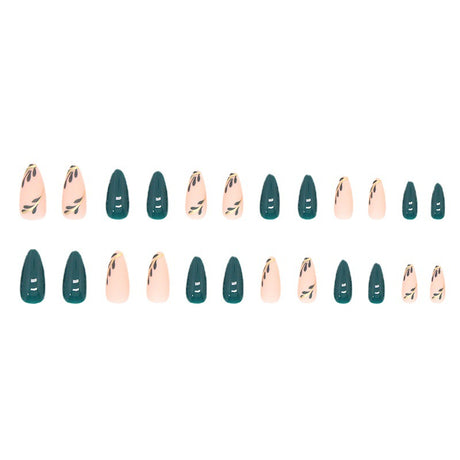 Almond Fake Nails with Green Leaves Design Elliptic Acrylic False Nails Wearable French Press on Nail Manicure Tips - V.I.P Digital Presence