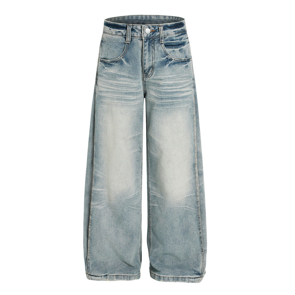 Punk Washed Gradient Wave Pattern Denim Pants Men's Loose Wide Leg Long Trousers Vibe Trendy Distressed Straight Leg Jeans - V.I.P Digital Presence