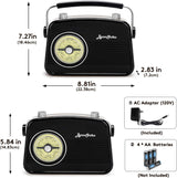Black AM FM Radio - Small Portable Radios Vintage/Retro with Headphone Jack, Large Analog Rotary Tuning Dial - V.I.P Digital Presence