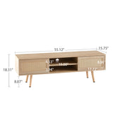 55.12" Rattan TV cabinet double sliding doors for storage adjustable shelf solid wood legs TV console for living room natural - V.I.P Digital Presence