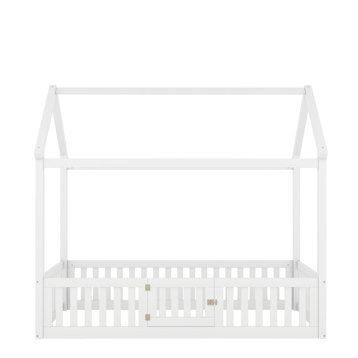 Twin Size Wood House Bed with Fence and Door, White - V.I.P Digital Presence