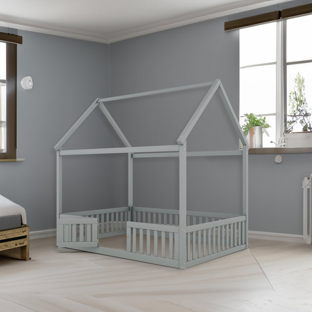 Full Size Wood House Bed with Fence and Door, Gray - V.I.P Digital Presence