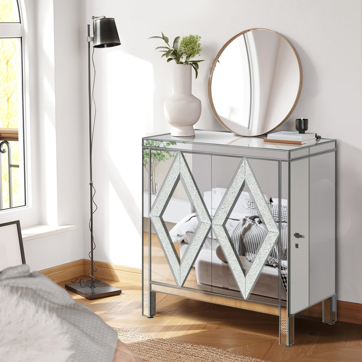 Storage Cabinet With Mirror Trim And Diamond Shape Design Spliced Combination For Living Room, Dining Room, Entryway, Kitchen - V.I.P Digital Presence