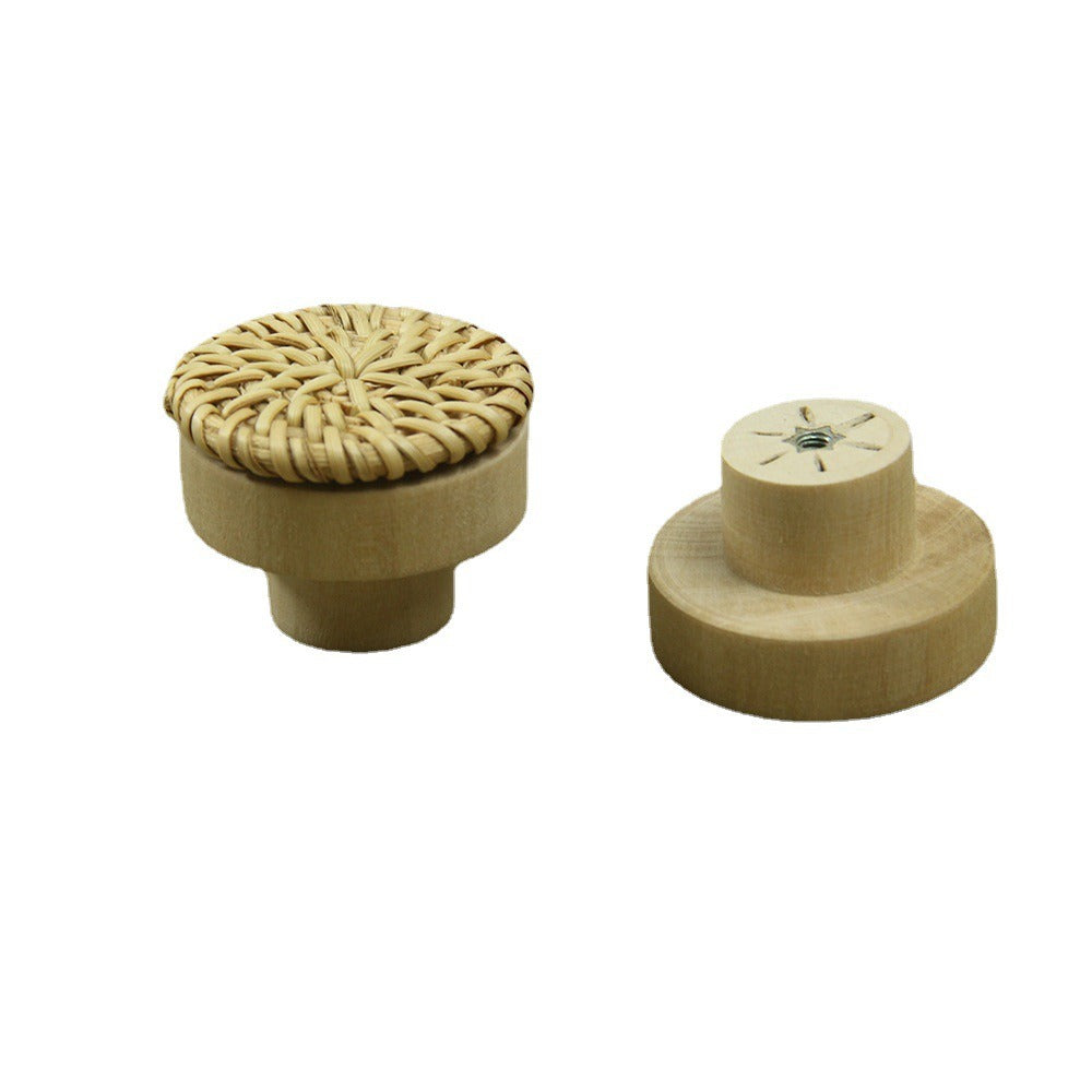 Vine woven circular cake wooden handle cabinet door rattan woven wooden handle single hole raw wood color handle - V.I.P Digital Presence