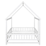 Full Size Floor Wooden Bed with House Roof Frame, Fence Guardrails ,White - V.I.P Digital Presence
