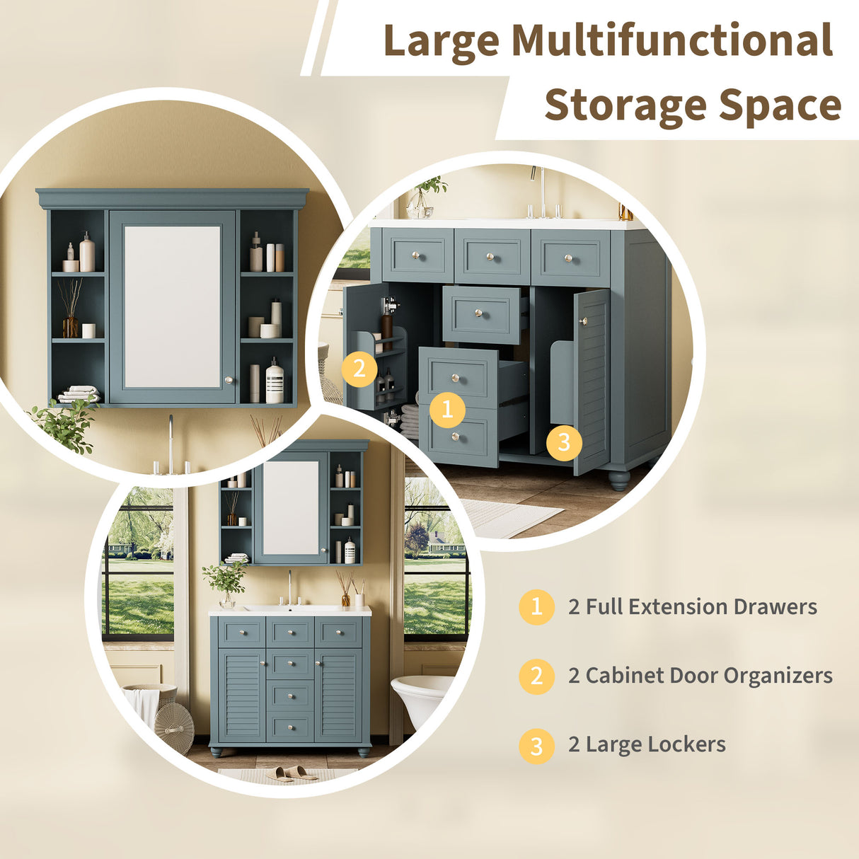 36 inch modern mirror cabinet with adjustable shelves, 2 soft closing doors, and 6 drawer storage cabinet door organizers - V.I.P Digital Presence