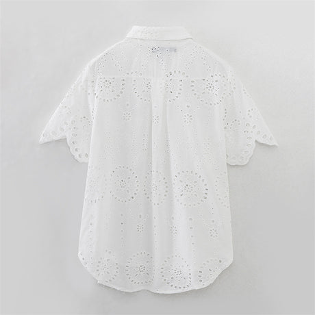 Summer NewStyle Women's Fashion Casual Short Sleeve Hollow Embroidered Shirt Shorts - V.I.P Digital Presence