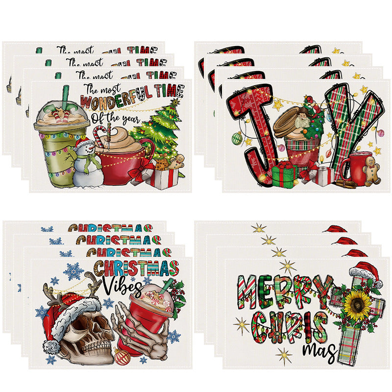 Skull Milk Tea Cup Printed Meal Mat Christmas Snowflake Letter Linen Table Mat Holiday Table Decoration Insulation Mat - V.I.P Digital Presence