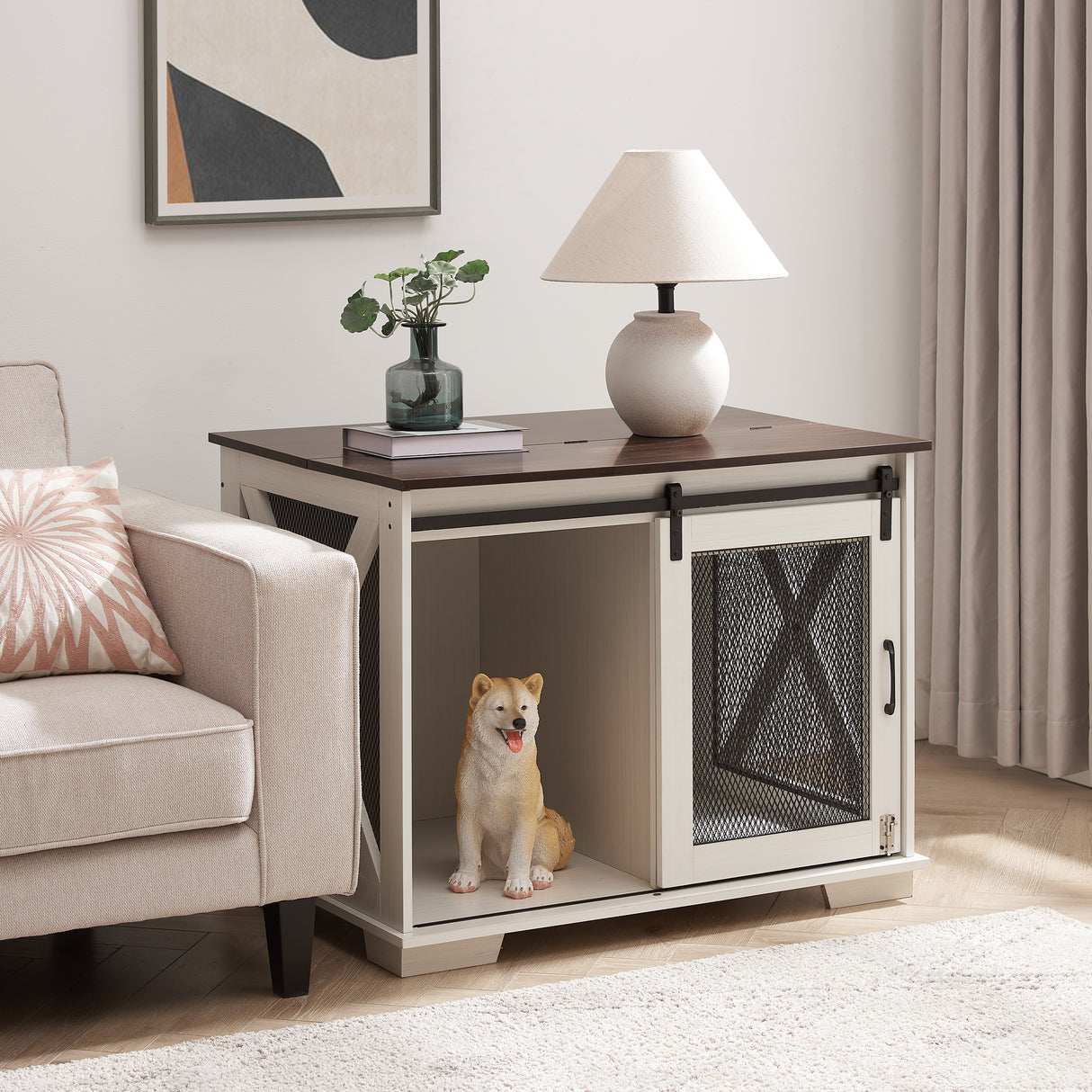 Farm kennel Flat noodles furniture with sliding barn door, farm wooden kennel end table, dog house with removable partition - V.I.P Digital Presence